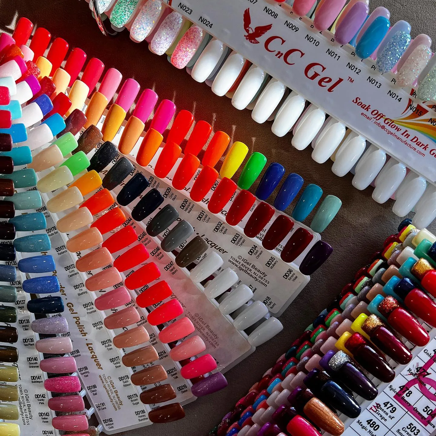 A board of gel polish swatches